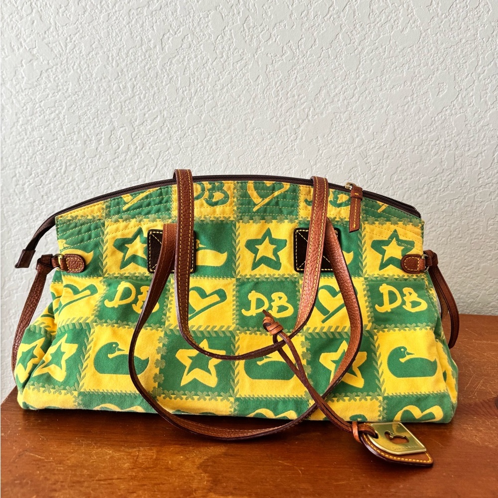 Dooney & Bourke Logo Canvas Shoulder Bag Green and Yellow